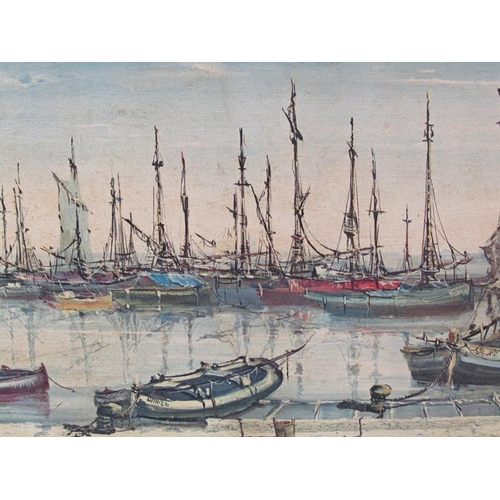 1050 - TWO FRAMED COLOURED PRINT PANELS - MOORED FISHING BOATS, EACH APPROX 44CM X 90CM