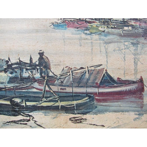 1050 - TWO FRAMED COLOURED PRINT PANELS - MOORED FISHING BOATS, EACH APPROX 44CM X 90CM