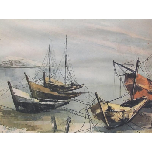 1050 - TWO FRAMED COLOURED PRINT PANELS - MOORED FISHING BOATS, EACH APPROX 44CM X 90CM