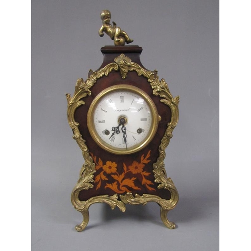 1110 - FRENCH ITALIAN MADE IMPERIAL MANTEL CLOCK WITH FLORAL MARQUETRY DECORATION AND ORMOLU MOUNTS, 37CM H