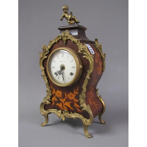 1110 - FRENCH ITALIAN MADE IMPERIAL MANTEL CLOCK WITH FLORAL MARQUETRY DECORATION AND ORMOLU MOUNTS, 37CM H