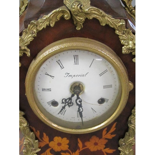 1110 - FRENCH ITALIAN MADE IMPERIAL MANTEL CLOCK WITH FLORAL MARQUETRY DECORATION AND ORMOLU MOUNTS, 37CM H