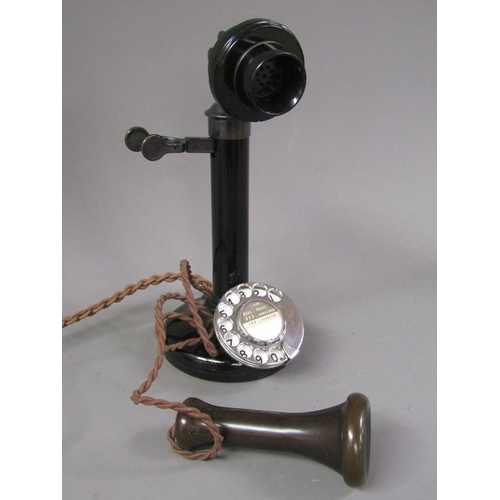 1113 - BLACK METAL AND PASTIC STICK TELEPHONE, 30CM H