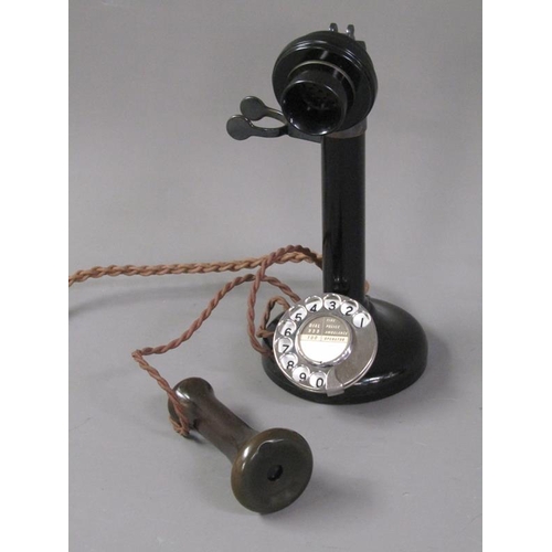 1113 - BLACK METAL AND PASTIC STICK TELEPHONE, 30CM H