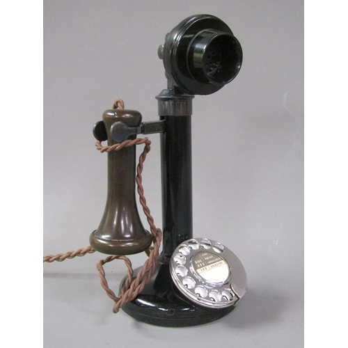 1113 - BLACK METAL AND PASTIC STICK TELEPHONE, 30CM H