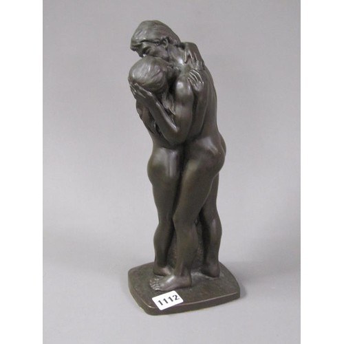 1112 - BRONZED COMPOSITE FIGURE OF A MALE AND FEMALE EMBRACING, 33CM H