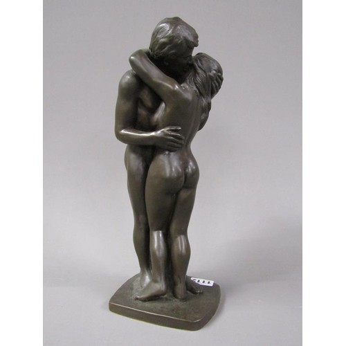 1112 - BRONZED COMPOSITE FIGURE OF A MALE AND FEMALE EMBRACING, 33CM H