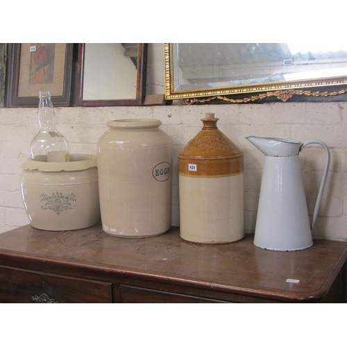 431 - BREAD BIN, LARGE WHISKY BOTTLE, AYLESBURY DEMI JOHN AND EGG JAR AND ENAMEL JUG