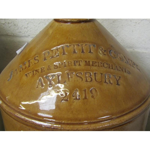 431 - BREAD BIN, LARGE WHISKY BOTTLE, AYLESBURY DEMI JOHN AND EGG JAR AND ENAMEL JUG