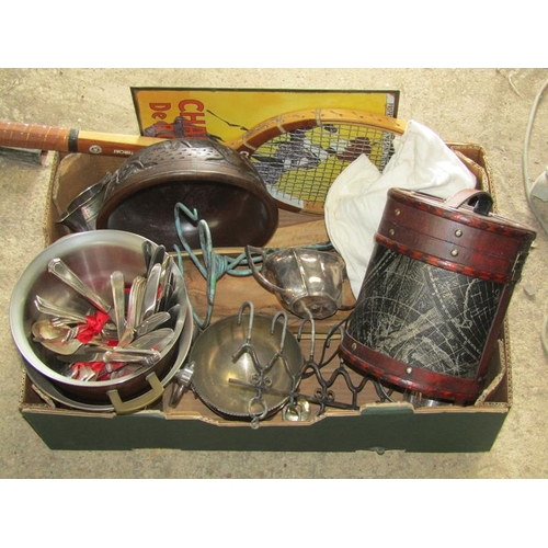 599 - BOX OF MIXED METALWARE, TENNIS RACQUET ETC.