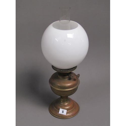 5 - BRASS OIL LAMP, SHADE & FUNNEL