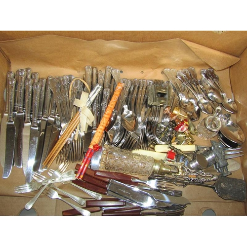 57 - BOX OF MIXED CUTLERY, VINTAGE CAMERA, SHADE ETC