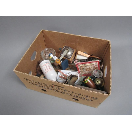 59 - BOX OF MISC TO INCL SILVER PLATED TEA SPOONS, COFFEE GRINDER ETC