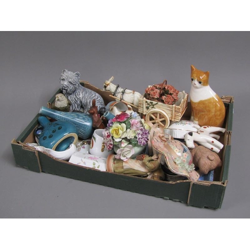 63 - BOX OF MIXED CERAMICS - ANIMAL ORNAMENTS, STUDIO POTTERY ETC