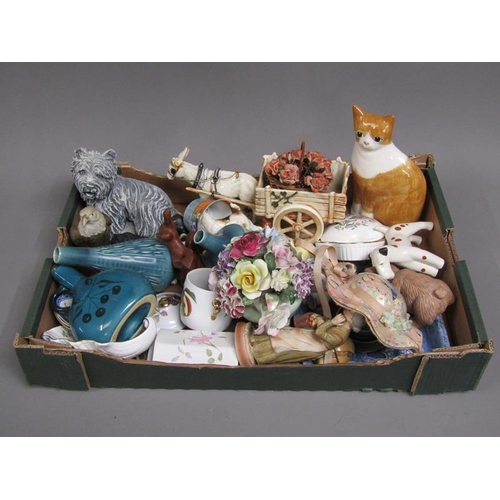 63 - BOX OF MIXED CERAMICS - ANIMAL ORNAMENTS, STUDIO POTTERY ETC