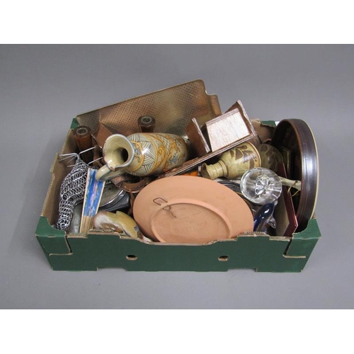 84 - BOX OF MISC CERAMICS, GLASS, METALWARE  ETC