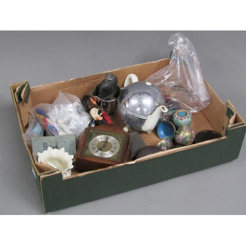 114 - BOX TO INCL CLOISONNE, MIXED METALWARE, CLOCKS ETC