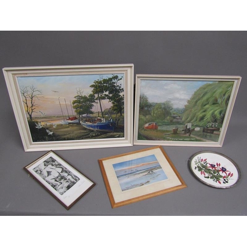 127 - FRAMED OILS, PRINTS, GILT FRAMED BEVEL EDGE WALL MIRROR