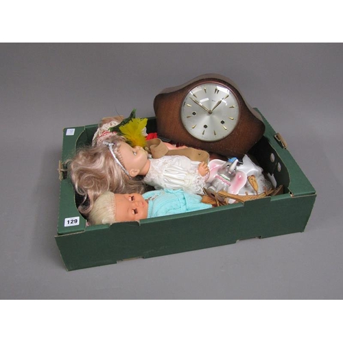 129 - VINTAGE DOLLS, MANTEL CLOCK ETC