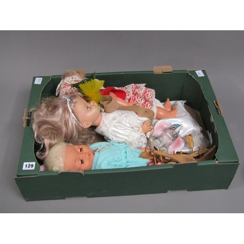 129 - VINTAGE DOLLS, MANTEL CLOCK ETC