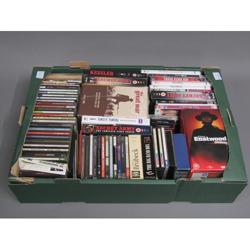 130 - THREE BOXES TO INCL DVD'S, VIDEOS ETC