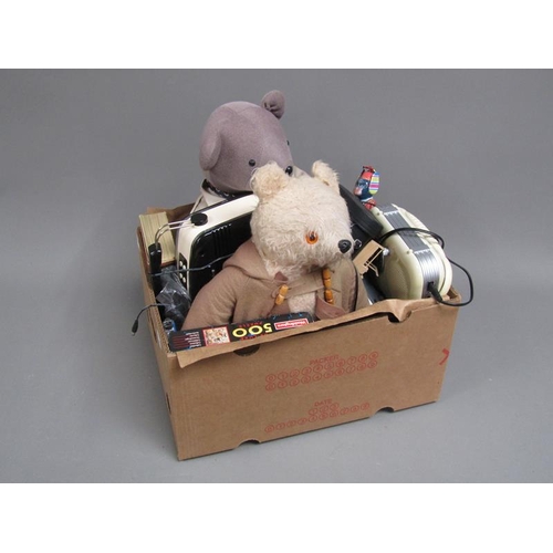 134 - BOX TO INCL BINOCULARS, RADIO, SOFT TOYS ETC