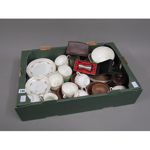 140 - BOX TO INCL MIXED TEAWARES, TEAK BOWLS ETC