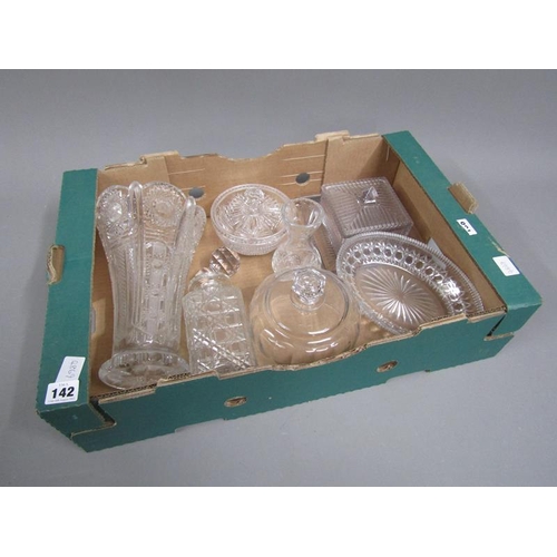 142 - BOX OF CRYSTAL GLASSWARE TO INCL CHEESE DISH AND COVER