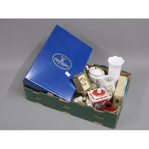 145 - BOX TO INCL MIXED CERAMICS, ROYAL DOULTON, CARRIAGE CLOCK, GLENEAGLES CRYSTAL ETC