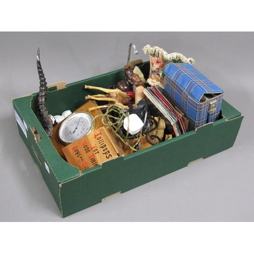 155 - BOX OF MISC TO INCL BAROMETERS, WOODEN WARE, MIXED METALWARE ETC