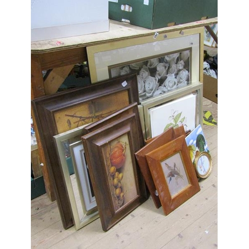 156 - BOX OF FRAMED PICTURES AND PRINTS; TABLE LAMP