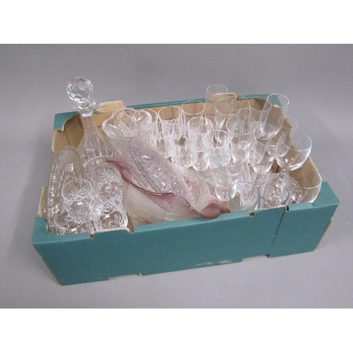 161 - BOX OF CRYSTAL AND MOULDED GLASSWARE TO INCL DECANTERS AND WINES