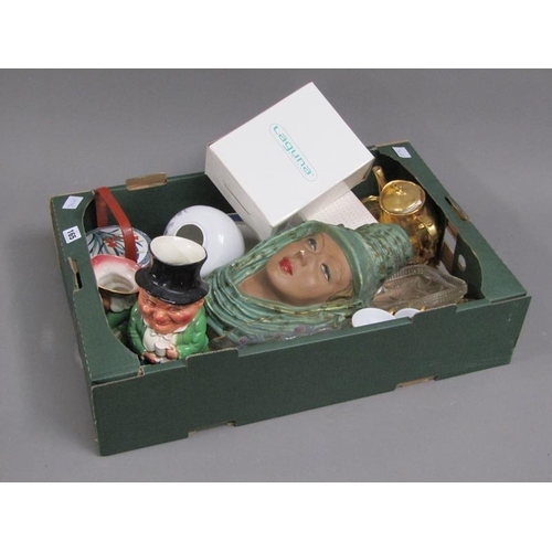 165 - BOX OF MIXED CERAMICS AND GLASSWARE, PLASTER WALL MASK