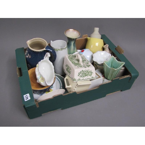 175 - BOX OF MIXED CERAMICS - POTTERY JUGS, CHEESE DISH ETC