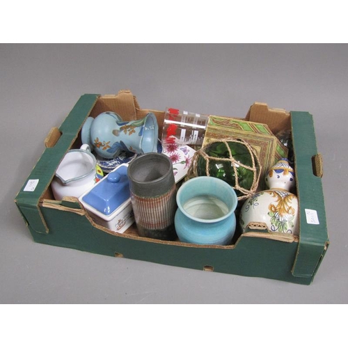 177 - TWO BOXES OF MIXED CERAMICS - STUDIO POTTERY, WALL TILES ETC