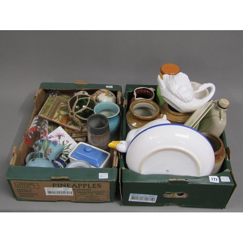 177 - TWO BOXES OF MIXED CERAMICS - STUDIO POTTERY, WALL TILES ETC