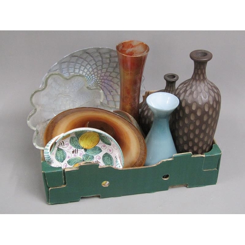 179 - TWO BOXES OF ART GLASS, POTTERY