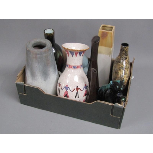 184 - BOX OF ART POTTERY - MAINLY VASES