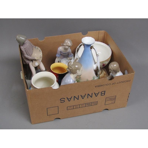 185 - BOX OF MIXED CERAMICS TO INCL NAO FIGURINES, POOLE POTTERY, TIFFANY VASES ETC