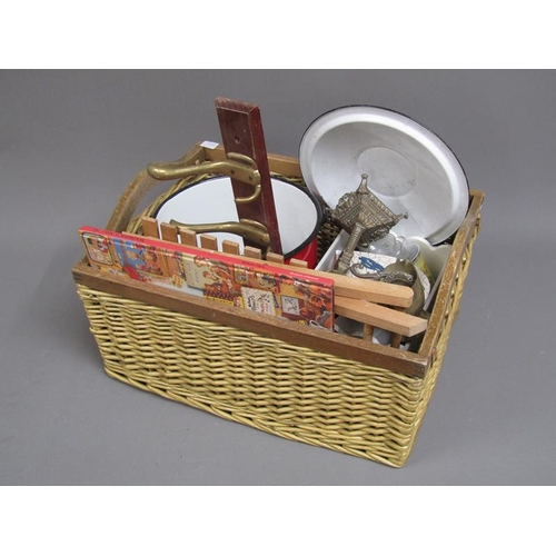 188 - WICKER BOX TO INCL COOKING POT, MIXED METALWARE, GLASSWARE ETC