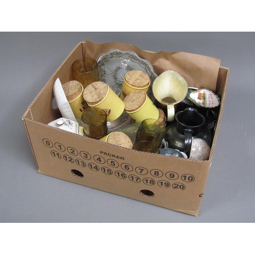 189 - BOX OF MIXED CERAMICS AND GLASSWARE TO INCL HERB JARS