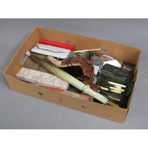 193 - BOX TO INCL EARLY 20C VANITY SETS, PARASOLS ETC