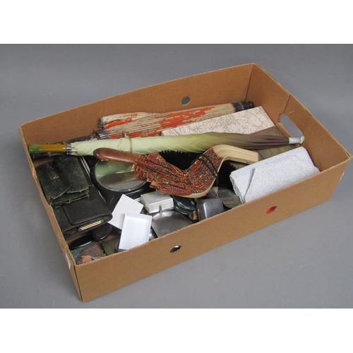 193 - BOX TO INCL EARLY 20C VANITY SETS, PARASOLS ETC