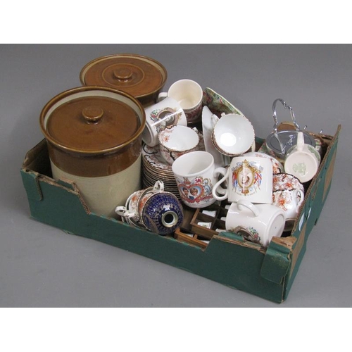 196 - BOX TO INCL EDWARDIAN TEAWARES, COLLECTORS THIMBLES, STONEWARE JARS ETC