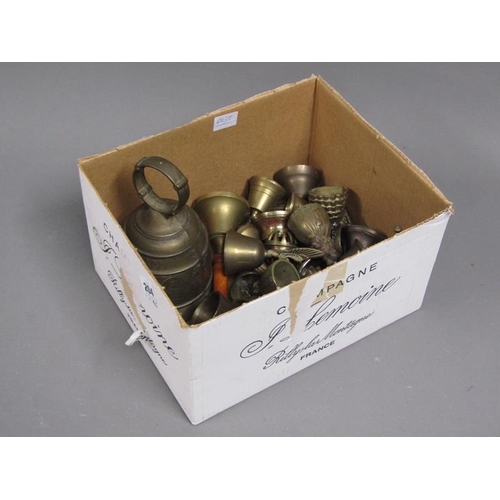 204 - BOX OF BRASSWARE, MINIATURES, BELLS