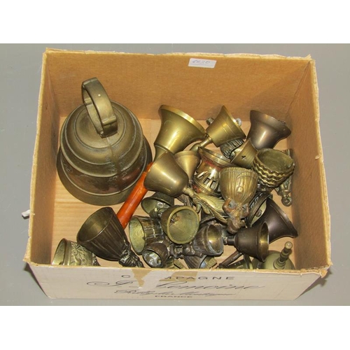 204 - BOX OF BRASSWARE, MINIATURES, BELLS