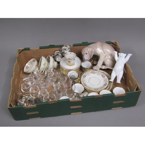 207 - BOX OF TEA WARES, GLASS, ORIENTAL ETC