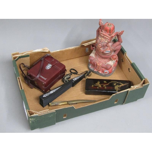 213 - ORIENTAL CARVED FIGURE OF GANESH; VINTAGE CAMERA; LACQUERED BOX; FAN