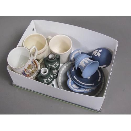 220 - BOX TO INCL WEDGWOOD JASPERWARE, ROYAL COMMEMORATIVE MUGS