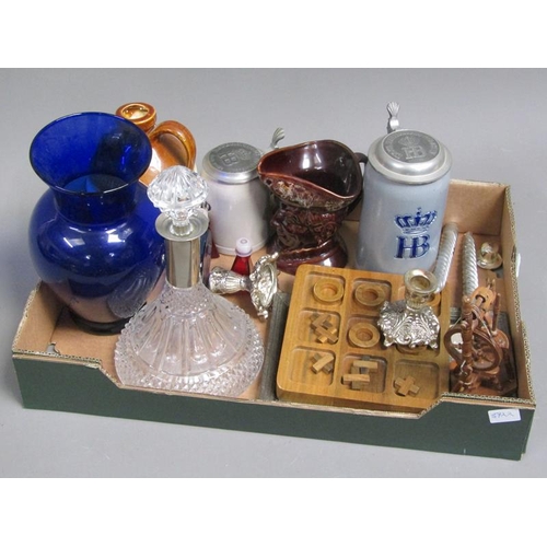 229 - BOX TO INCL MIXED CERAMICS STEINS, CRYSTAL DECANTER, METALWARE ETC